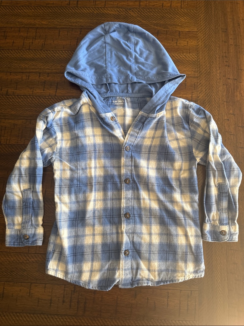 Carter's Light Blue and White Plaid Hooded Button-Down Shirt